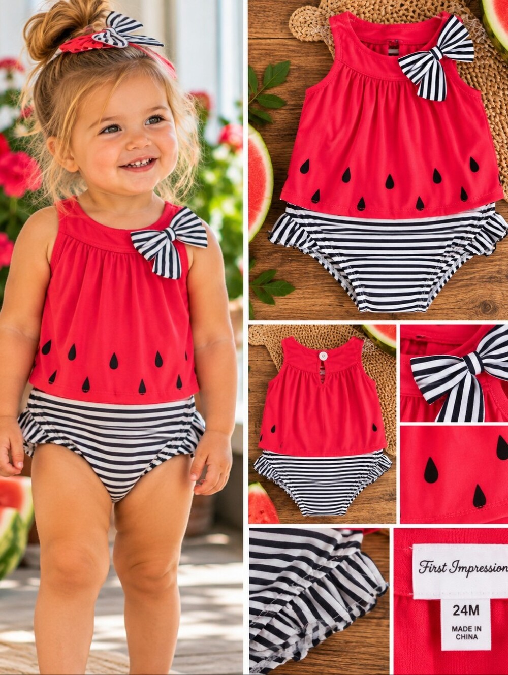NWT First Impressions Watermelon Sunsuit Romper Girls 24M Pink Striped